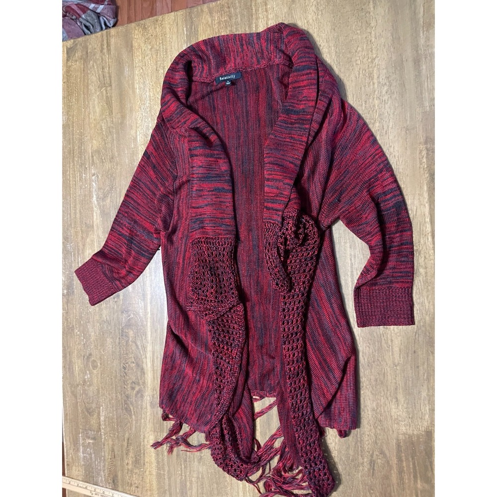 Relativity Sweater, Women's Size Small, Black Red, Open Cardigan, Fringe Hem